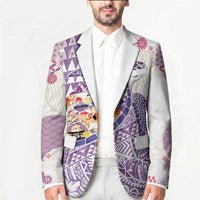 Hawaiian and Japanese Culture Together Blazer Tropical Honu with Japanese Elements Purple Color