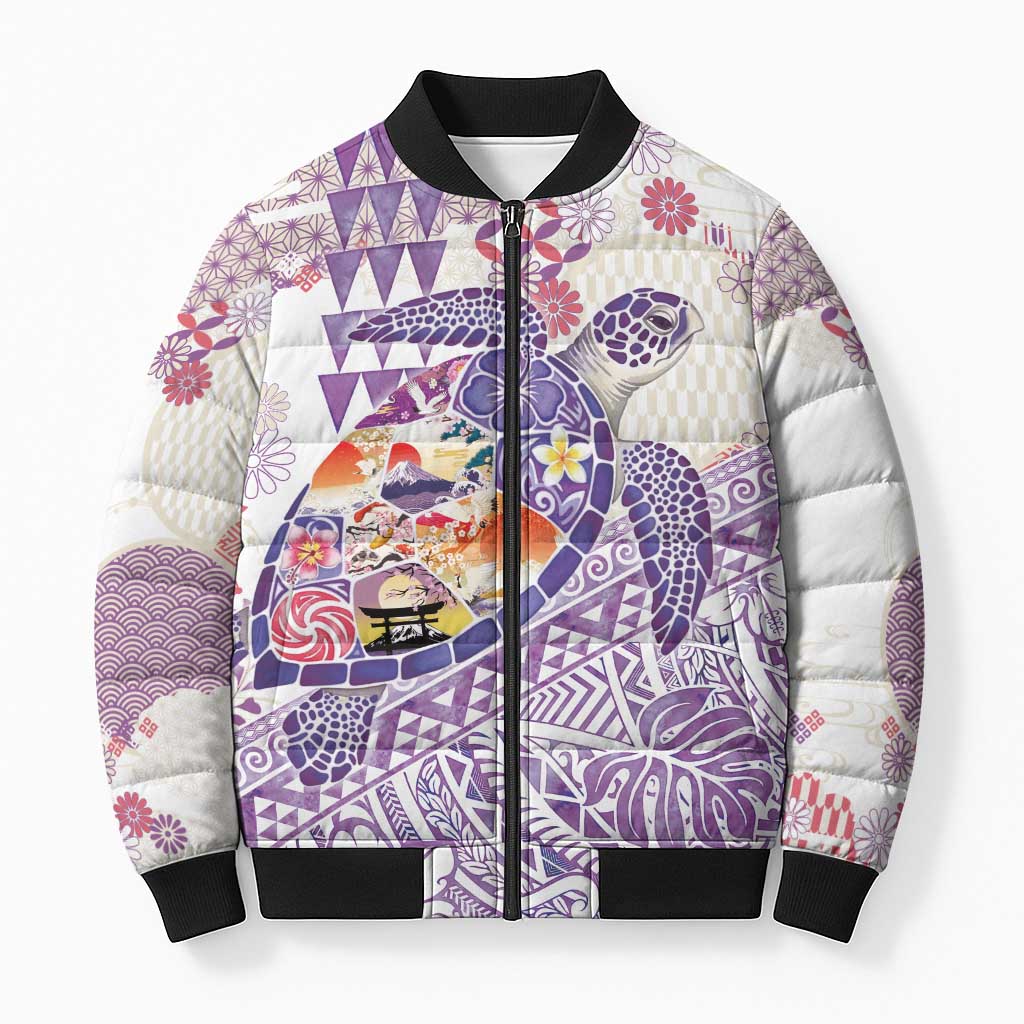 Hawaiian and Japanese Culture Together Bomber Puffer Jacket Tropical Honu with Japanese Elements Purple Color