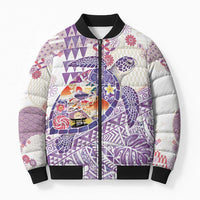 Hawaiian and Japanese Culture Together Bomber Puffer Jacket Tropical Honu with Japanese Elements Purple Color