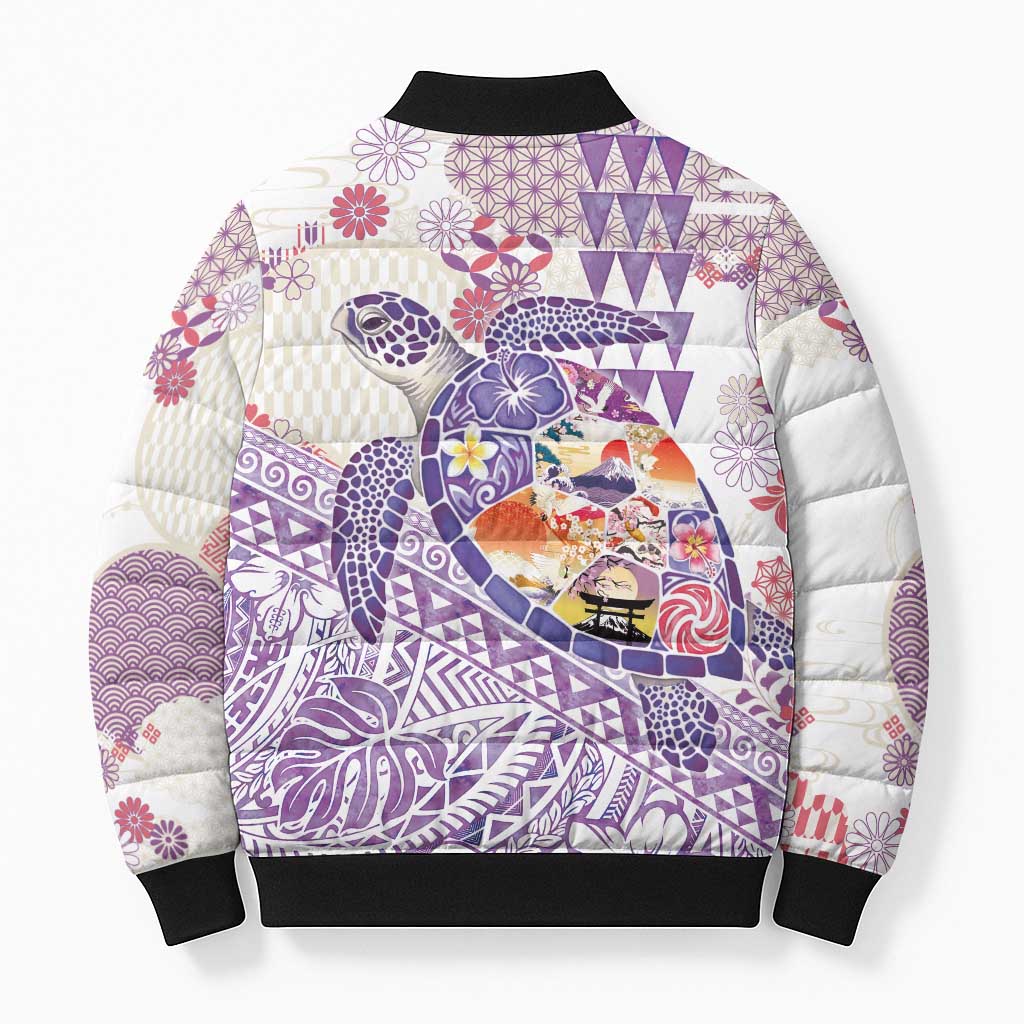 Hawaiian and Japanese Culture Together Bomber Puffer Jacket Tropical Honu with Japanese Elements Purple Color