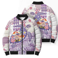 Hawaiian and Japanese Culture Together Bomber Puffer Jacket Tropical Honu with Japanese Elements Purple Color