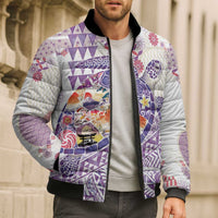 Hawaiian and Japanese Culture Together Bomber Puffer Jacket Tropical Honu with Japanese Elements Purple Color
