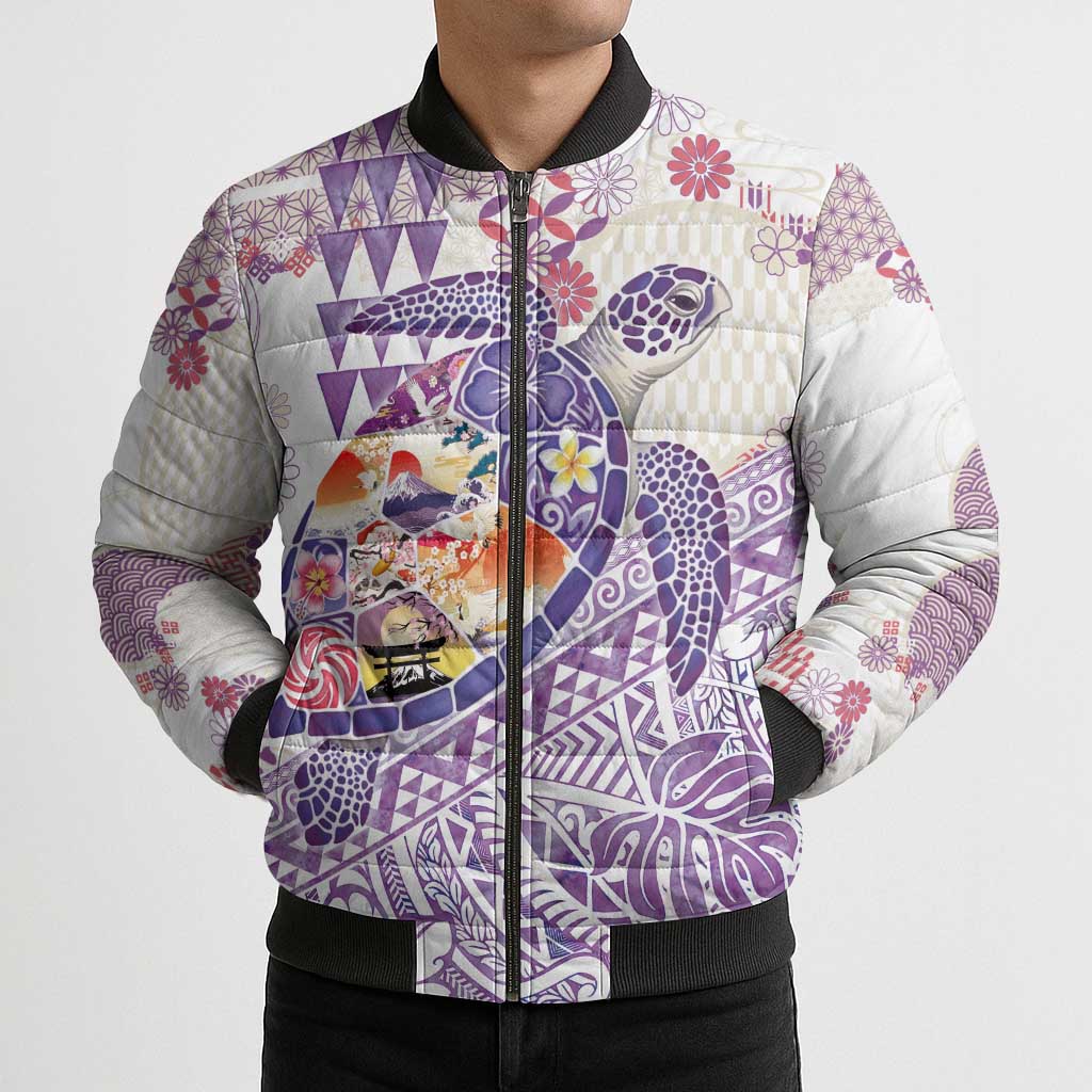 Hawaiian and Japanese Culture Together Bomber Puffer Jacket Tropical Honu with Japanese Elements Purple Color