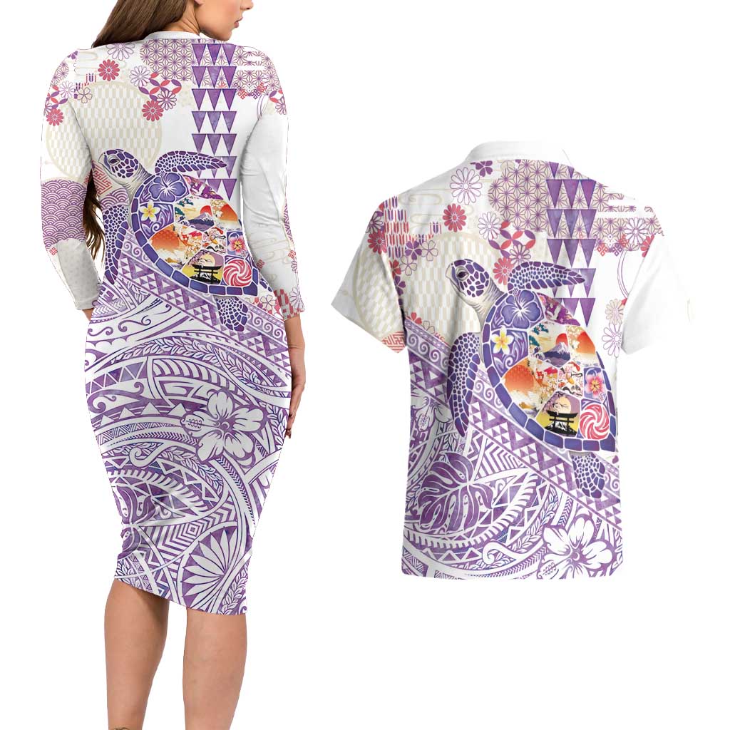 Hawaiian and Japanese Culture Together Couples Matching Long Sleeve Bodycon Dress and Hawaiian Shirt Tropical Honu with Japanese Elements Purple Color LT03 - Polynesian Pride
