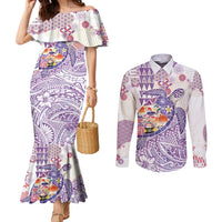 Hawaiian and Japanese Culture Together Couples Matching Mermaid Dress and Long Sleeve Button Shirt Tropical Honu with Japanese Elements Purple Color LT03 Purple - Polynesian Pride