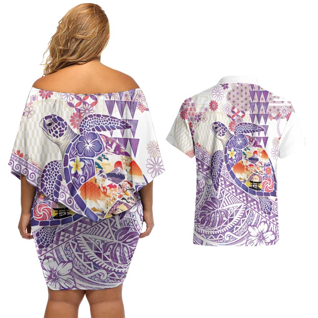 Hawaiian and Japanese Culture Together Couples Matching Off Shoulder Short Dress and Hawaiian Shirt Tropical Honu with Japanese Elements Purple Color LT03 - Polynesian Pride