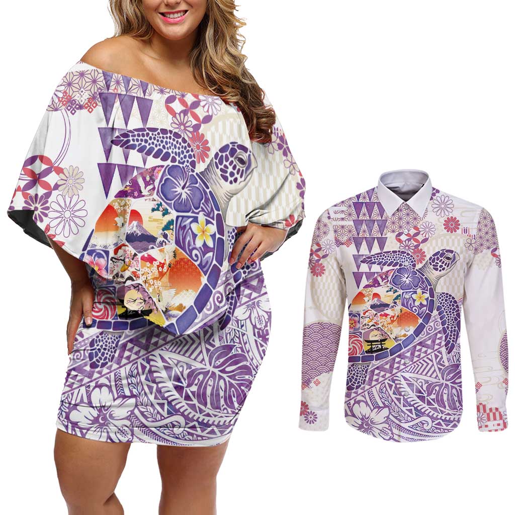 Hawaiian and Japanese Culture Together Couples Matching Off Shoulder Short Dress and Long Sleeve Button Shirt Tropical Honu with Japanese Elements Purple Color LT03 Purple - Polynesian Pride