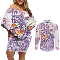 Hawaiian and Japanese Culture Together Couples Matching Off Shoulder Short Dress and Long Sleeve Button Shirt Tropical Honu with Japanese Elements Purple Color LT03 Purple - Polynesian Pride
