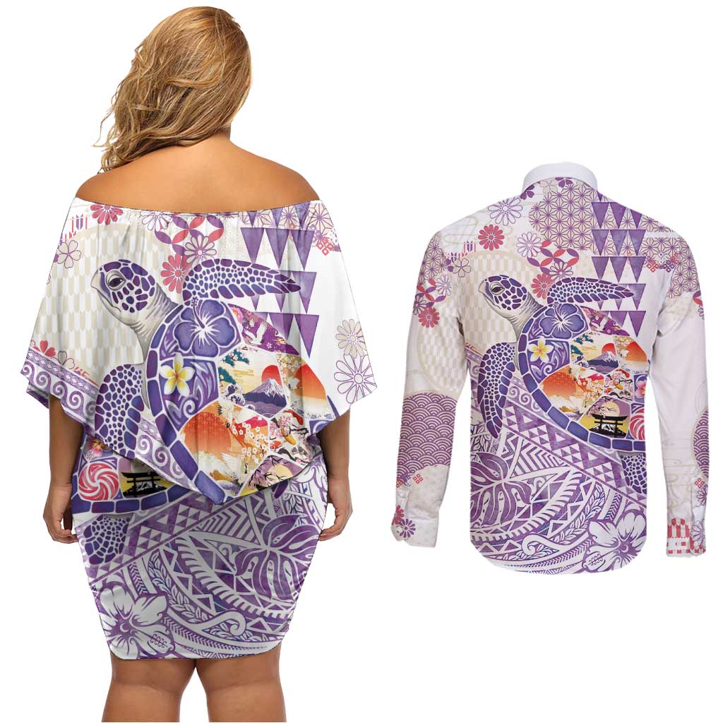 Hawaiian and Japanese Culture Together Couples Matching Off Shoulder Short Dress and Long Sleeve Button Shirt Tropical Honu with Japanese Elements Purple Color LT03 - Polynesian Pride