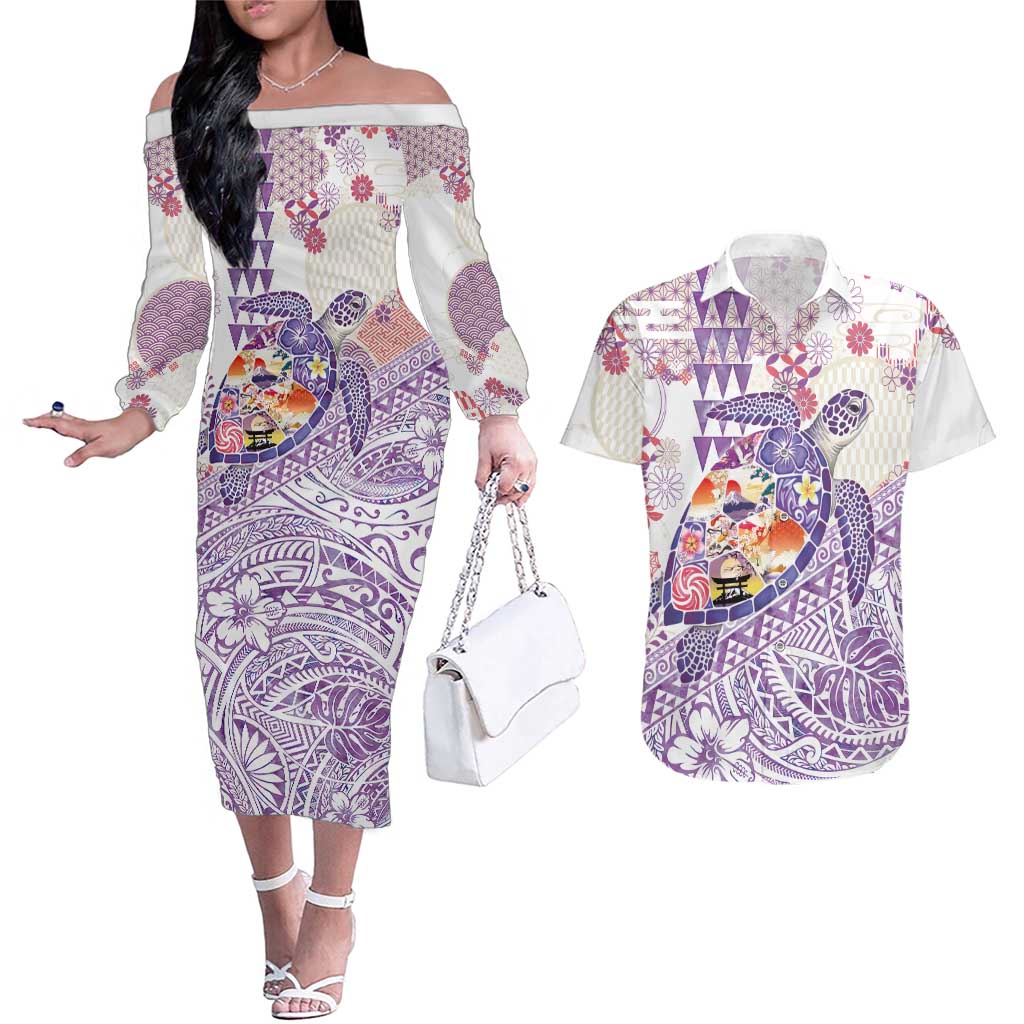 Hawaiian and Japanese Culture Together Couples Matching Off The Shoulder Long Sleeve Dress and Hawaiian Shirt Tropical Honu with Japanese Elements Purple Color LT03 Purple - Polynesian Pride