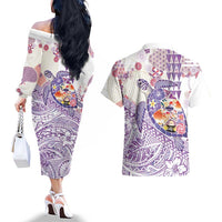 Hawaiian and Japanese Culture Together Couples Matching Off The Shoulder Long Sleeve Dress and Hawaiian Shirt Tropical Honu with Japanese Elements Purple Color LT03 - Polynesian Pride