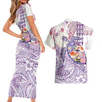 Hawaiian and Japanese Culture Together Couples Matching Short Sleeve Bodycon Dress and Hawaiian Shirt Tropical Honu with Japanese Elements Purple Color LT03 - Polynesian Pride