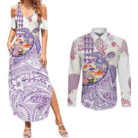 Hawaiian and Japanese Culture Together Couples Matching Summer Maxi Dress and Long Sleeve Button Shirt Tropical Honu with Japanese Elements Purple Color LT03 Purple - Polynesian Pride