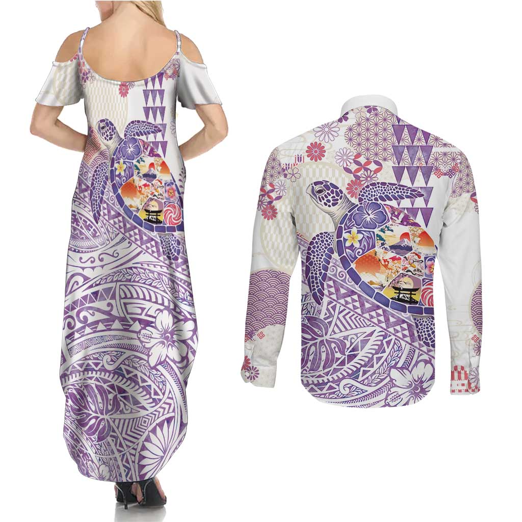Hawaiian and Japanese Culture Together Couples Matching Summer Maxi Dress and Long Sleeve Button Shirt Tropical Honu with Japanese Elements Purple Color LT03 - Polynesian Pride
