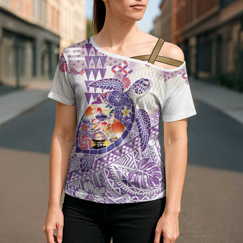 Hawaiian and Japanese Culture Together Cross Shoulder Shirt Tropical Honu with Japanese Elements Purple Color LT03 - Polynesian Pride