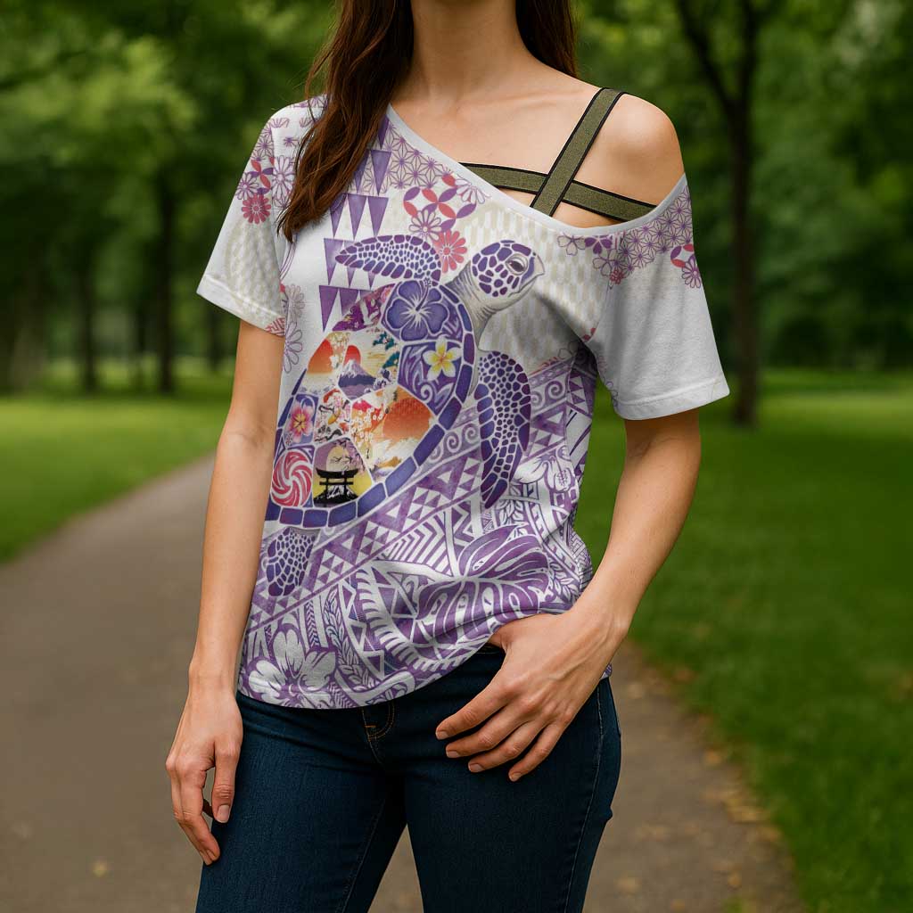 Hawaiian and Japanese Culture Together Cross Shoulder Shirt Tropical Honu with Japanese Elements Purple Color LT03 - Polynesian Pride