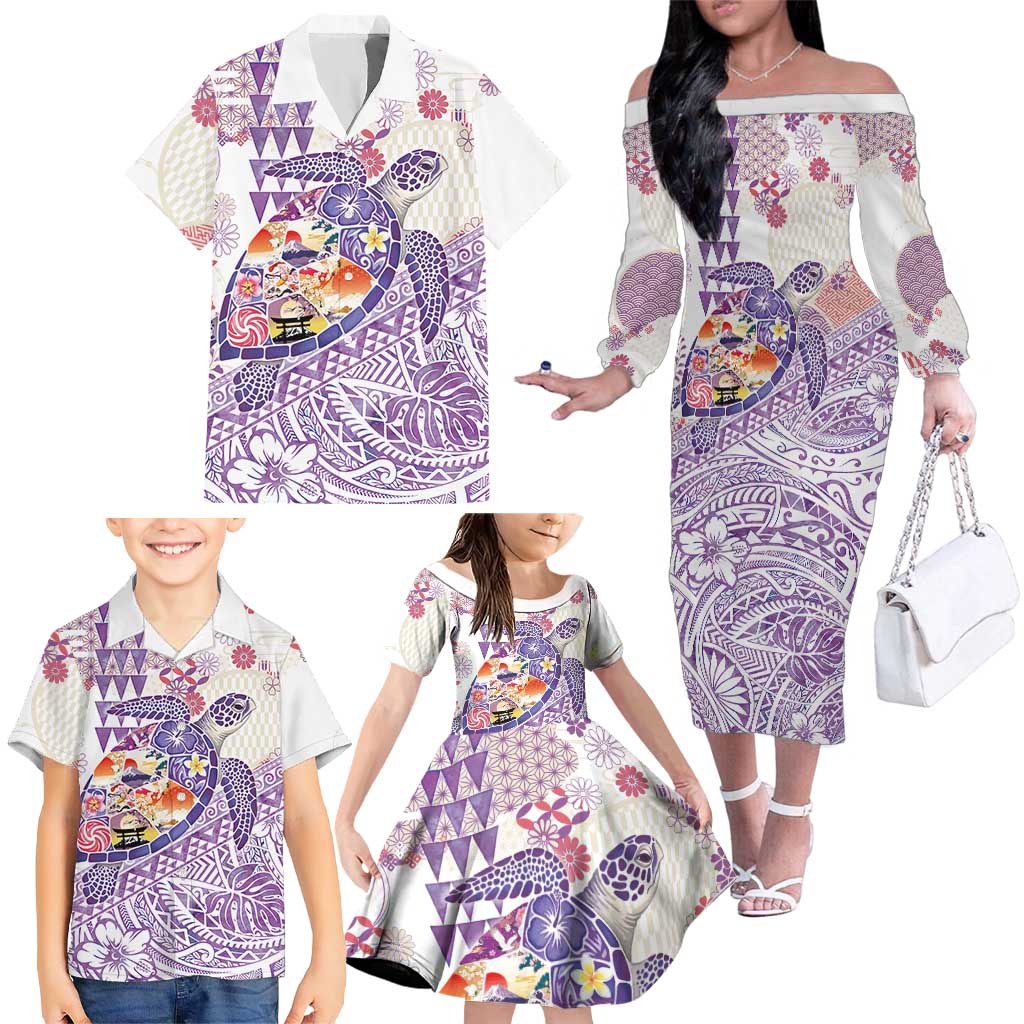 Hawaiian and Japanese Culture Together Family Matching Off The Shoulder Long Sleeve Dress and Hawaiian Shirt Tropical Honu with Japanese Elements Purple Color