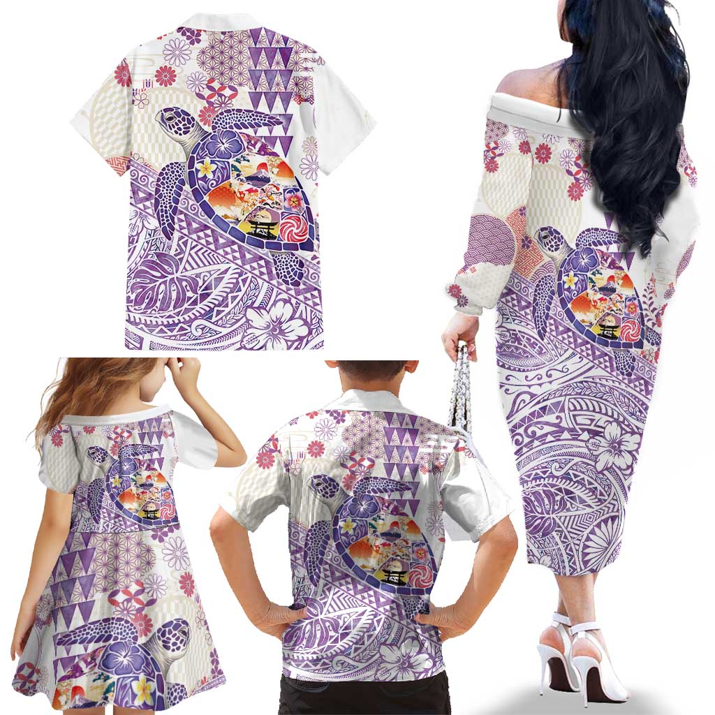 Hawaiian and Japanese Culture Together Family Matching Off The Shoulder Long Sleeve Dress and Hawaiian Shirt Tropical Honu with Japanese Elements Purple Color LT03 - Polynesian Pride
