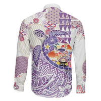 Hawaiian and Japanese Culture Together Family Matching Off The Shoulder Long Sleeve Dress and Hawaiian Shirt Tropical Honu with Japanese Elements Purple Color LT03 - Polynesian Pride