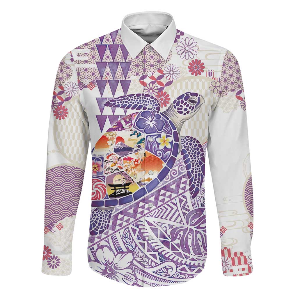 Hawaiian and Japanese Culture Together Family Matching Off Shoulder Maxi Dress and Hawaiian Shirt Tropical Honu with Japanese Elements Purple Color LT03 Dad's Shirt - Long Sleeve Purple - Polynesian Pride