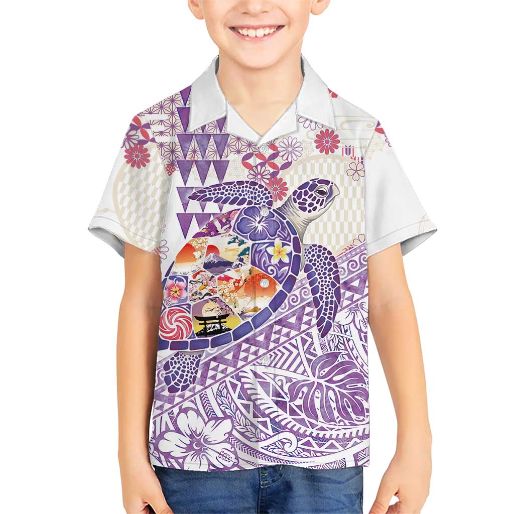 Hawaiian and Japanese Culture Together Family Matching Off Shoulder Maxi Dress and Hawaiian Shirt Tropical Honu with Japanese Elements Purple Color LT03 Son's Shirt Purple - Polynesian Pride