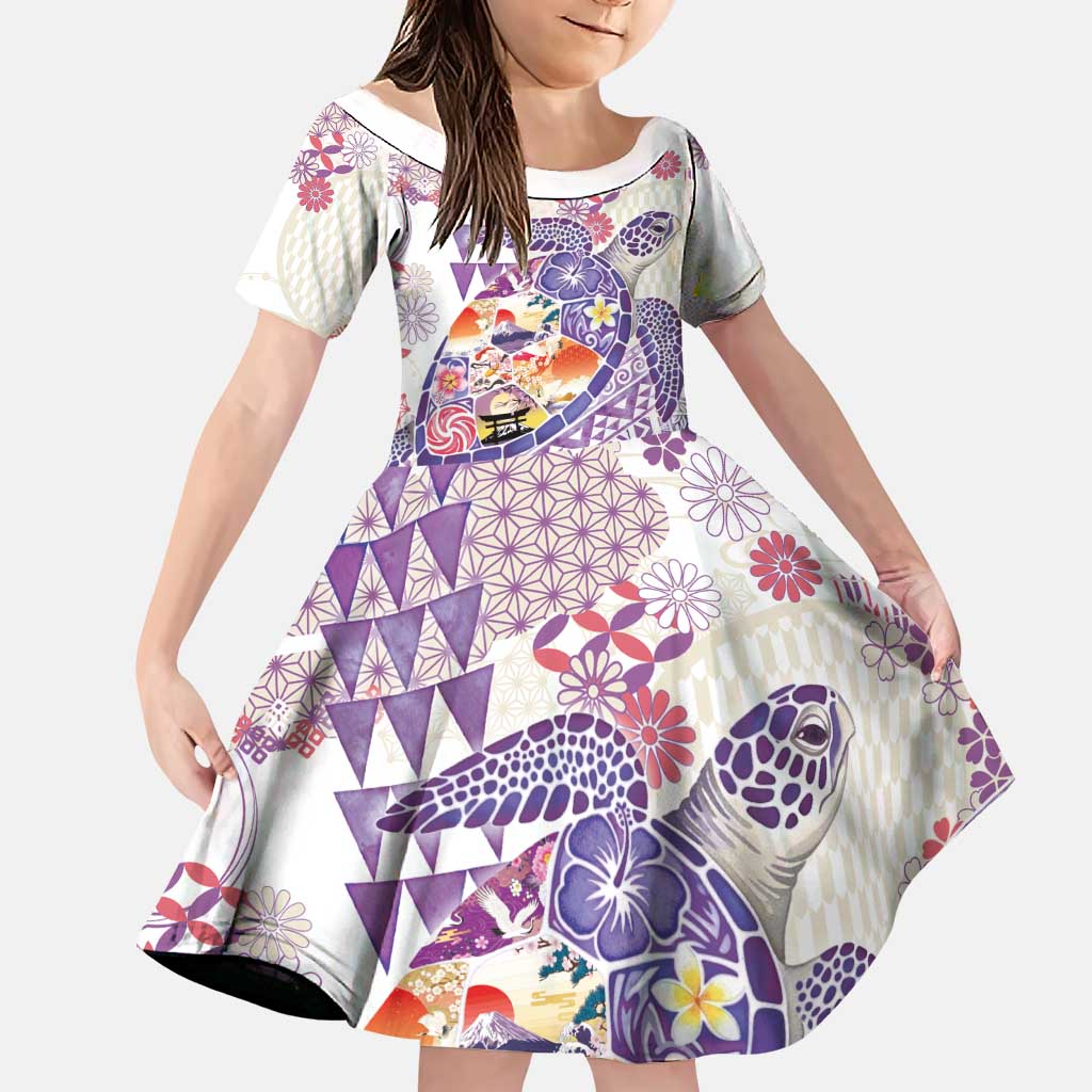 Hawaiian and Japanese Culture Together Family Matching Short Sleeve Bodycon Dress and Hawaiian Shirt Tropical Honu with Japanese Elements Purple Color LT03 Daughter's Dress Purple - Polynesian Pride