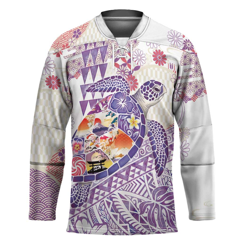Hawaiian and Japanese Culture Together Hockey Jersey Tropical Honu with Japanese Elements Purple Color