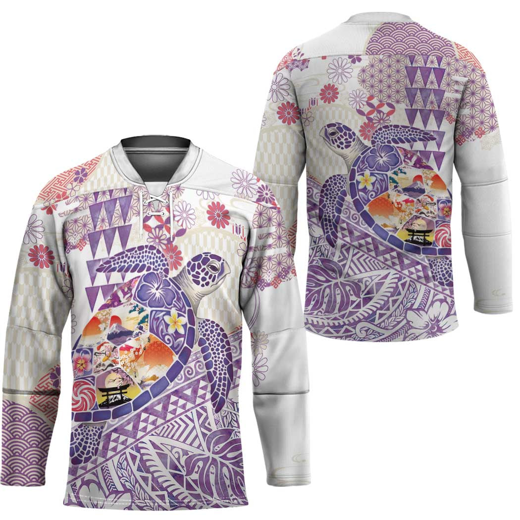 Hawaiian and Japanese Culture Together Hockey Jersey Tropical Honu with Japanese Elements Purple Color