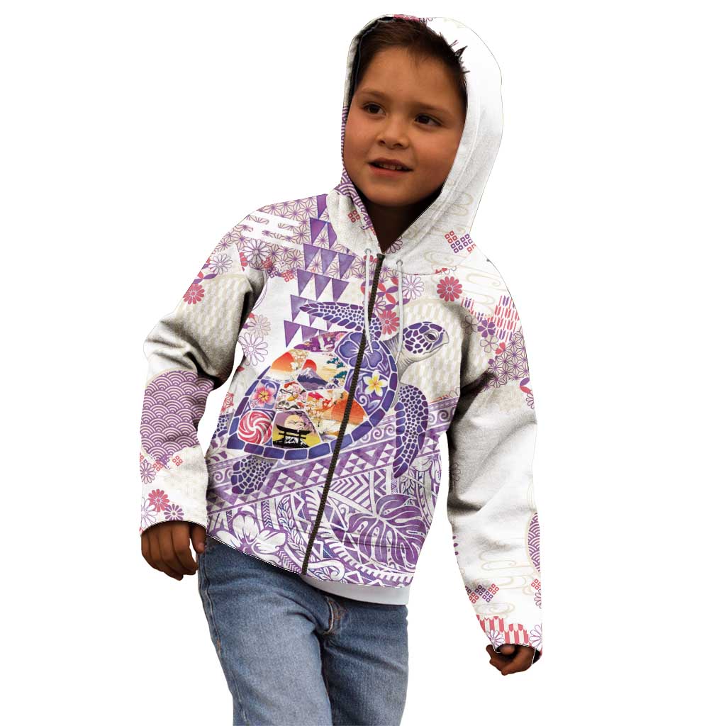Hawaiian and Japanese Culture Together Kid Hoodie Tropical Honu with Japanese Elements Purple Color LT03 - Polynesian Pride