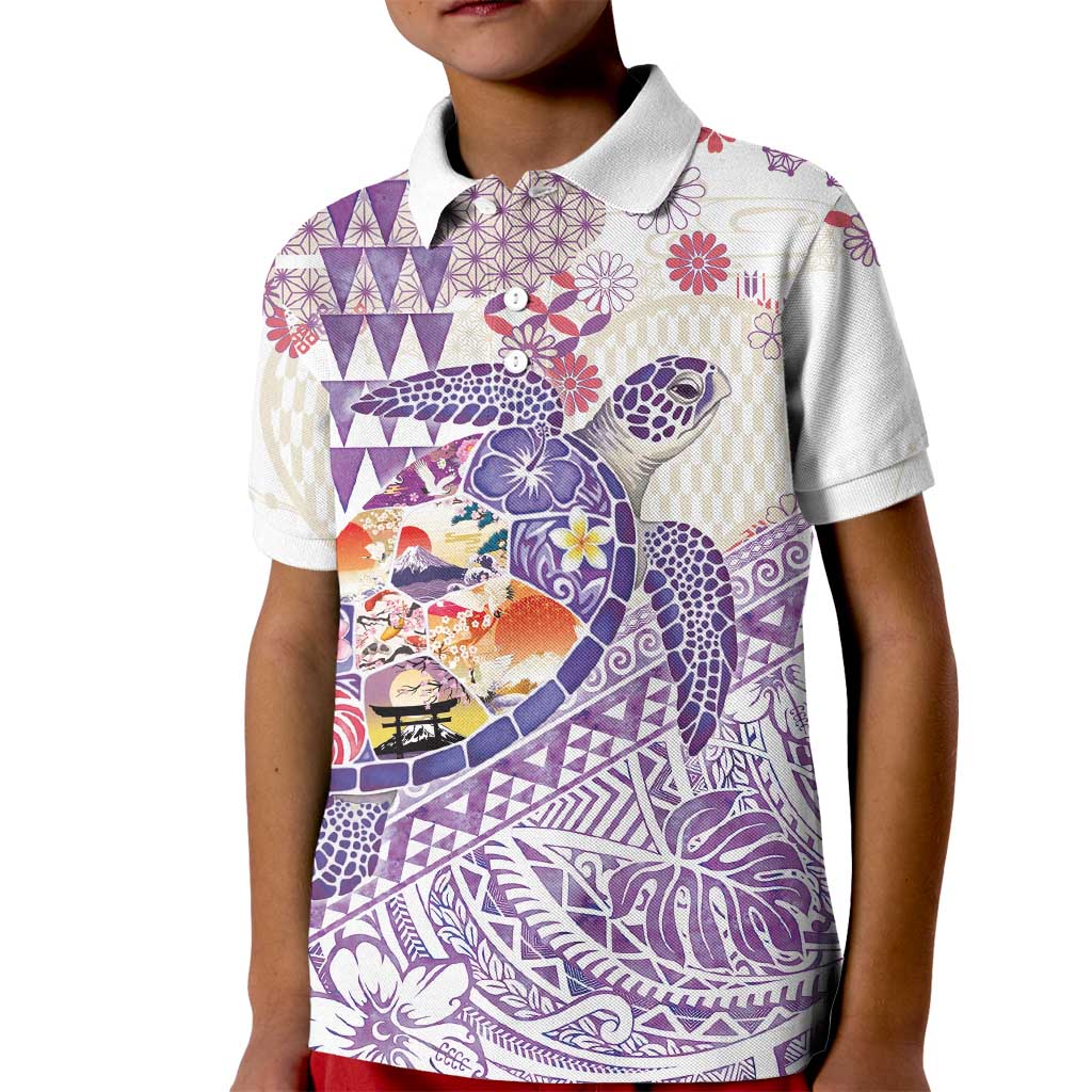 Hawaiian and Japanese Culture Together Kid Polo Shirt Tropical Honu with Japanese Elements Purple Color LT03 Kid Purple - Polynesian Pride