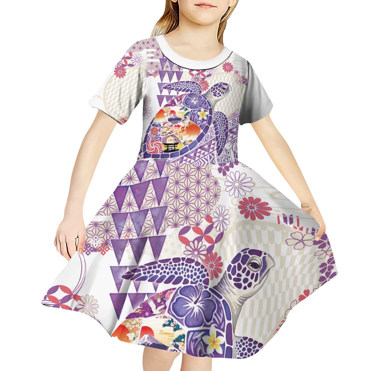 Hawaiian and Japanese Culture Together Kid Short Sleeve Dress Tropical Honu with Japanese Elements Purple Color LT03 - Polynesian Pride