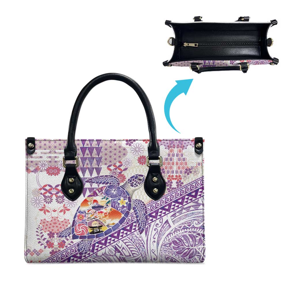Hawaiian and Japanese Culture Together Leather Bag Tropical Honu with Japanese Elements Purple Color