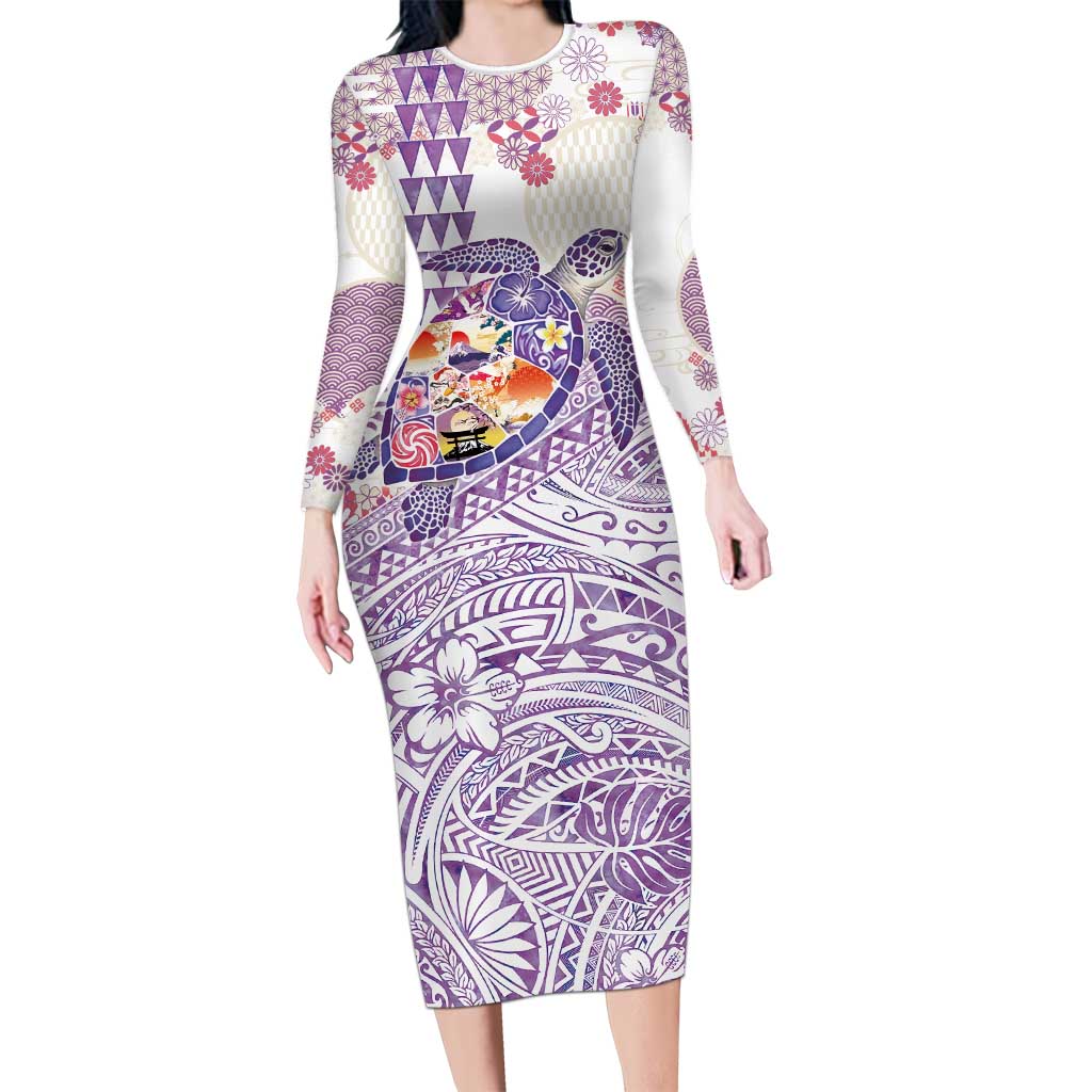 Hawaiian and Japanese Culture Together Long Sleeve Bodycon Dress Tropical Honu with Japanese Elements Purple Color