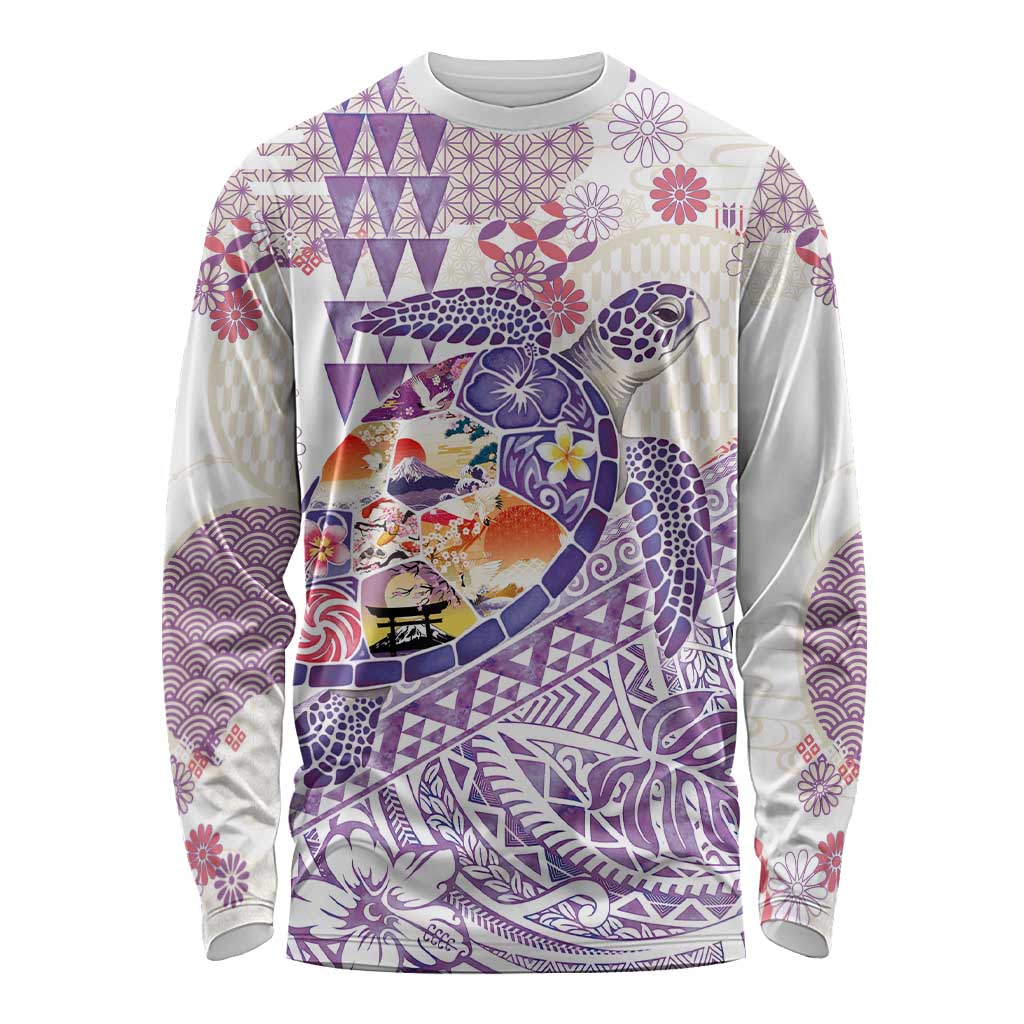 Hawaiian and Japanese Culture Together Long Sleeve Shirt Tropical Honu with Japanese Elements Purple Color