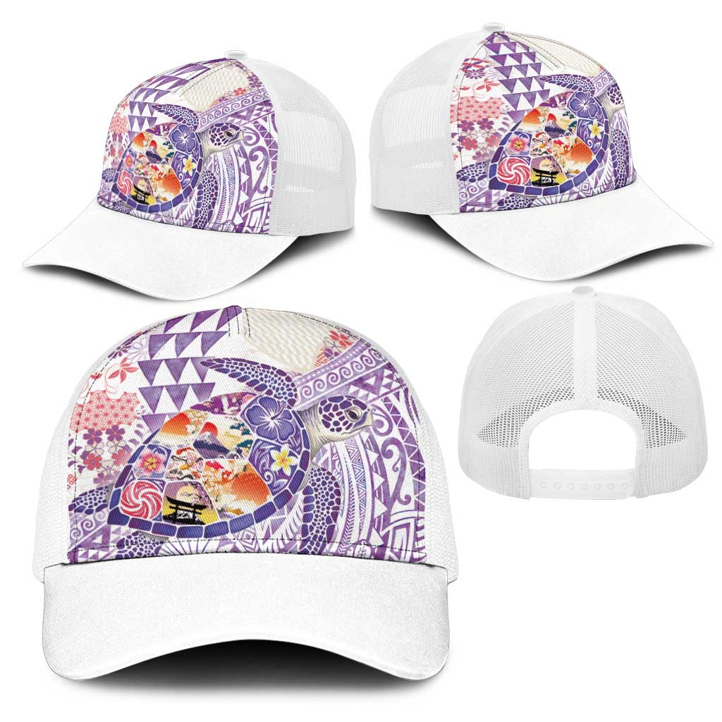 Hawaiian and Japanese Culture Together Mesh Trucker Cap Tropical Honu with Japanese Elements Purple Color