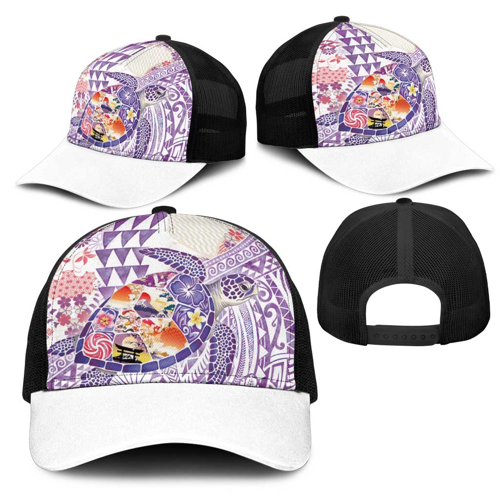 Hawaiian and Japanese Culture Together Mesh Trucker Cap Tropical Honu with Japanese Elements Purple Color