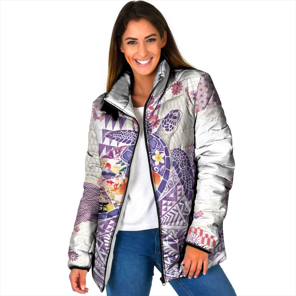 Hawaiian and Japanese Culture Together Padded Jacket Tropical Honu with Japanese Elements Purple Color