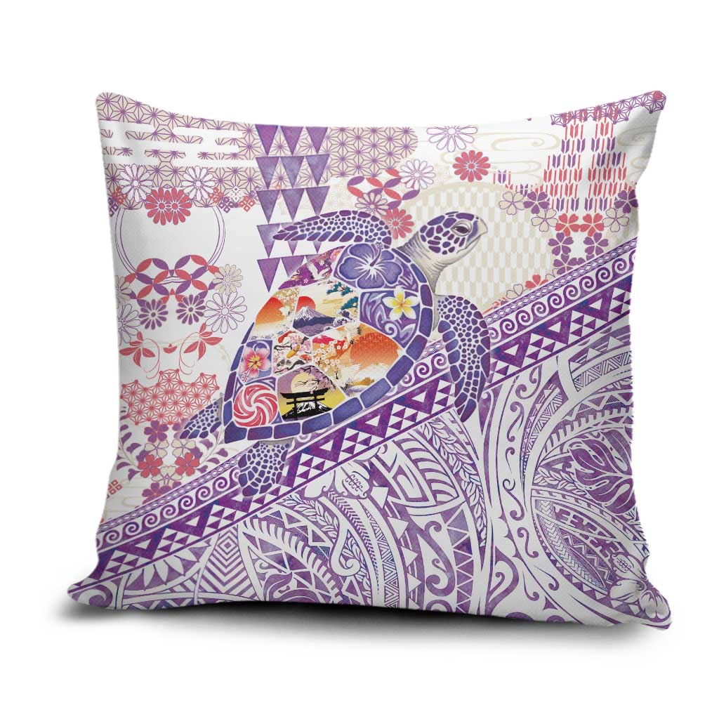 Hawaiian and Japanese Culture Together Pillow Cover Tropical Honu with Japanese Elements Purple Color