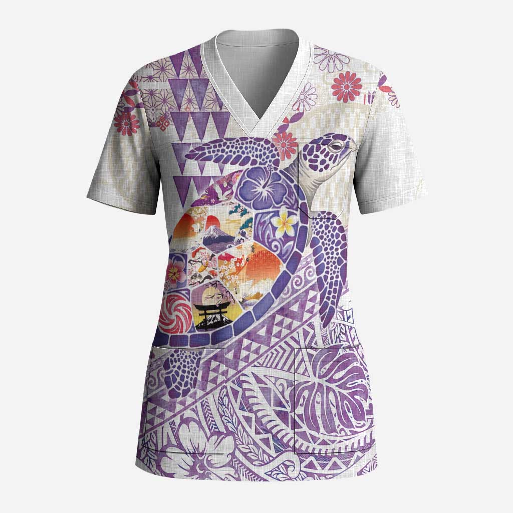 Hawaiian and Japanese Culture Together Scrub Top Tropical Honu with Japanese Elements Purple Color