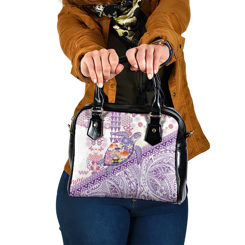 Hawaiian and Japanese Culture Together Shoulder Handbag Tropical Honu with Japanese Elements Purple Color