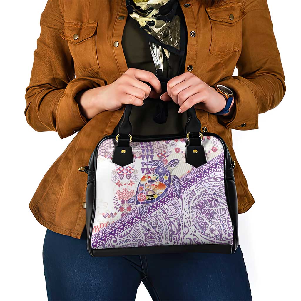 Hawaiian and Japanese Culture Together Shoulder Handbag Tropical Honu with Japanese Elements Purple Color