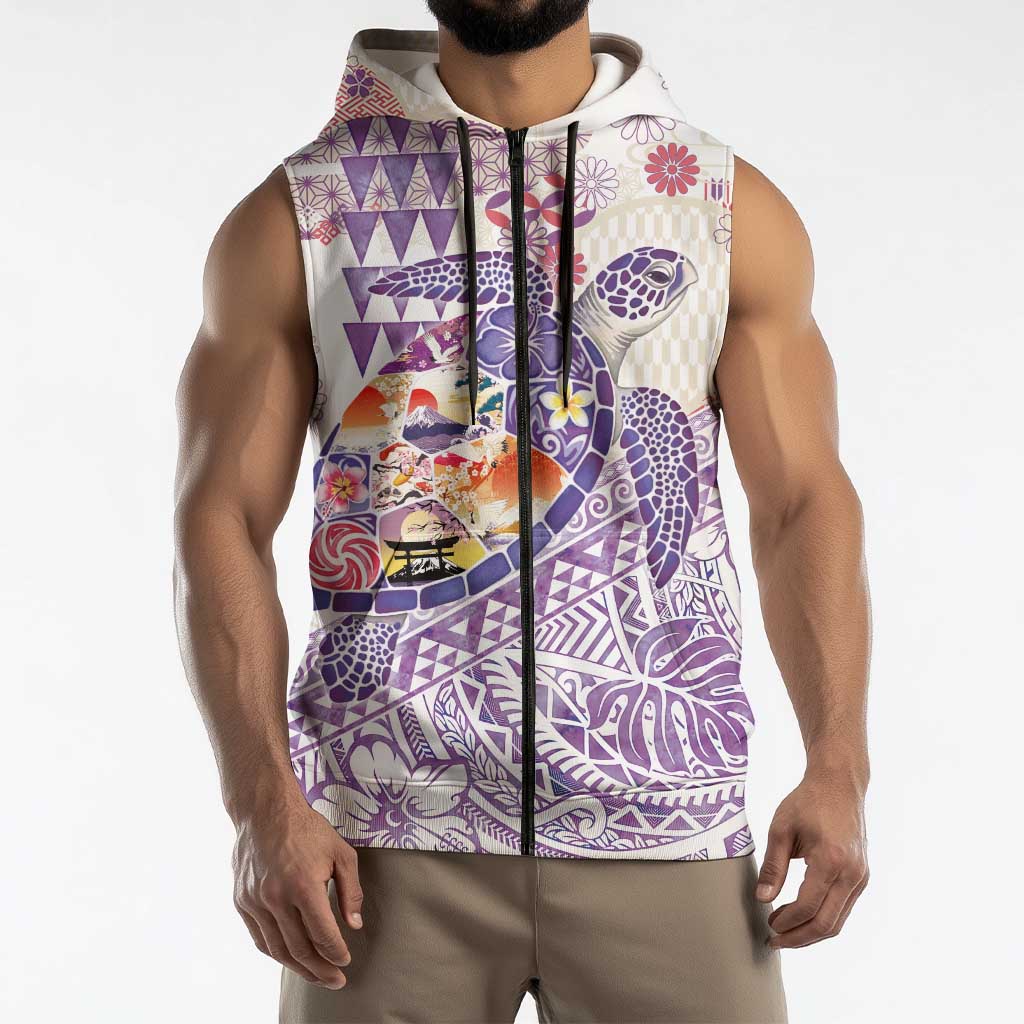 Hawaiian and Japanese Culture Together Sleeveless Zip Hoodie Tropical Honu with Japanese Elements Purple Color LT03 - Polynesian Pride