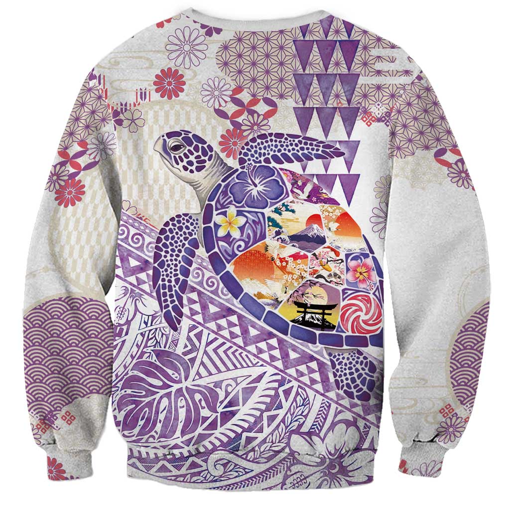 Hawaiian and Japanese Culture Together Sweatshirt Tropical Honu with Japanese Elements Purple Color