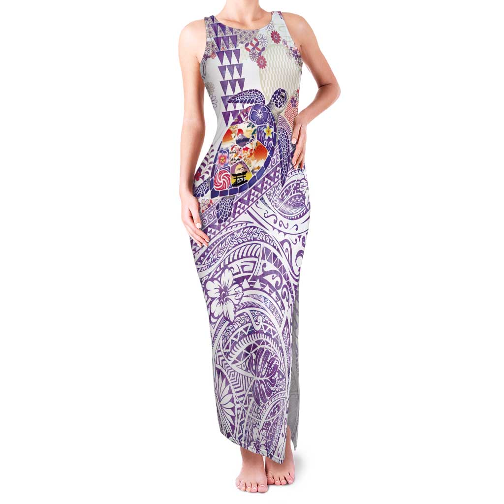 Hawaiian and Japanese Culture Together Tank Maxi Dress Tropical Honu with Japanese Elements Purple Color
