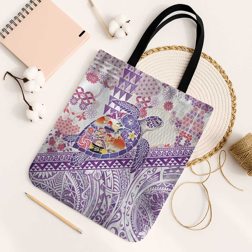 Hawaiian and Japanese Culture Together Tote Bag Tropical Honu with Japanese Elements Purple Color