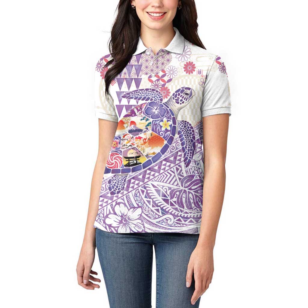 Hawaiian and Japanese Culture Together Women Polo Shirt Tropical Honu with Japanese Elements Purple Color LT03 - Polynesian Pride