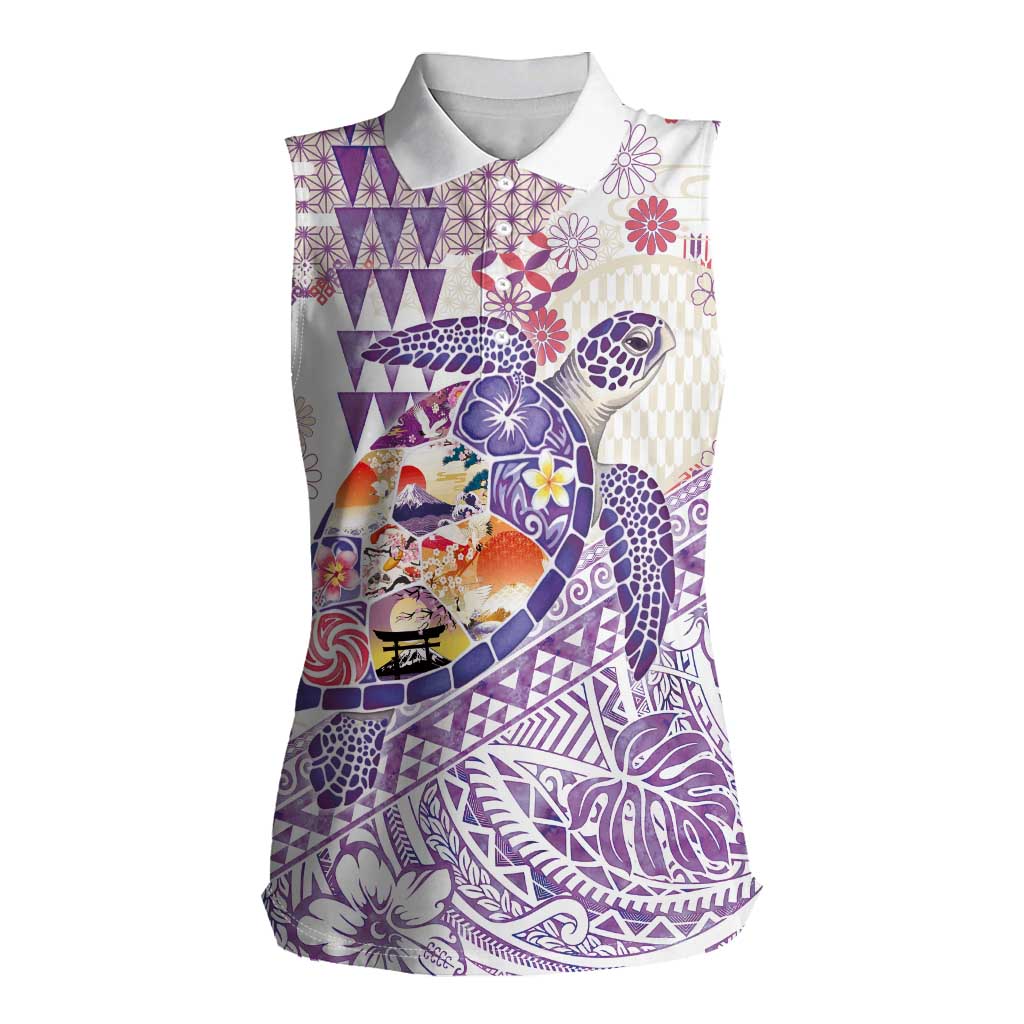 Hawaiian and Japanese Culture Together Women Sleeveless Polo Shirt Tropical Honu with Japanese Elements Purple Color LT03 Female Purple - Polynesian Pride