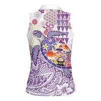Hawaiian and Japanese Culture Together Women Sleeveless Polo Shirt Tropical Honu with Japanese Elements Purple Color LT03 - Polynesian Pride