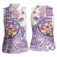 Hawaiian and Japanese Culture Together Women Sleeveless Polo Shirt Tropical Honu with Japanese Elements Purple Color LT03 - Polynesian Pride