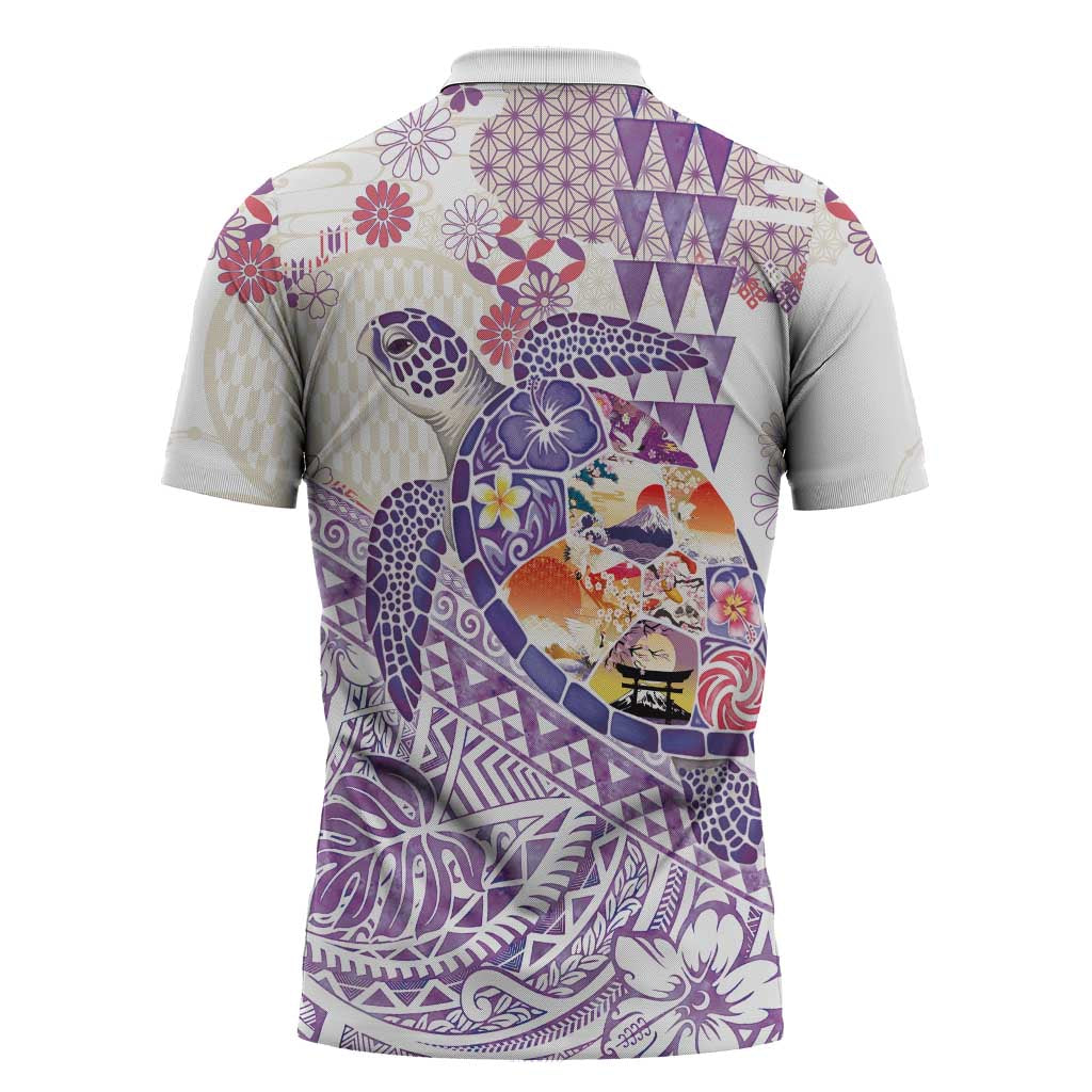 Hawaiian and Japanese Culture Together Zipper Polo Shirt Tropical Honu with Japanese Elements Purple Color LT03 - Polynesian Pride